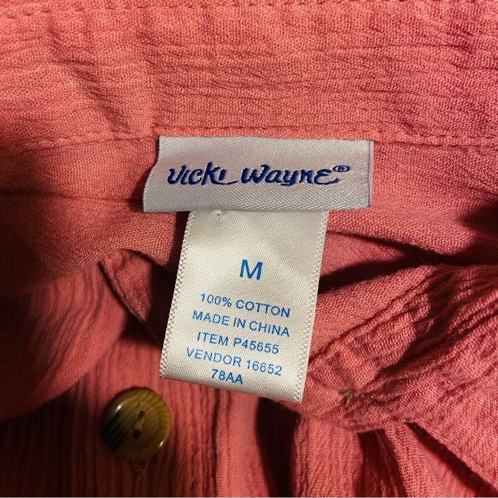 Vicki Wayne Button Down Short Sleeves Collar Rose Pink Natural Cotton Blouse - Picture 3 of 4